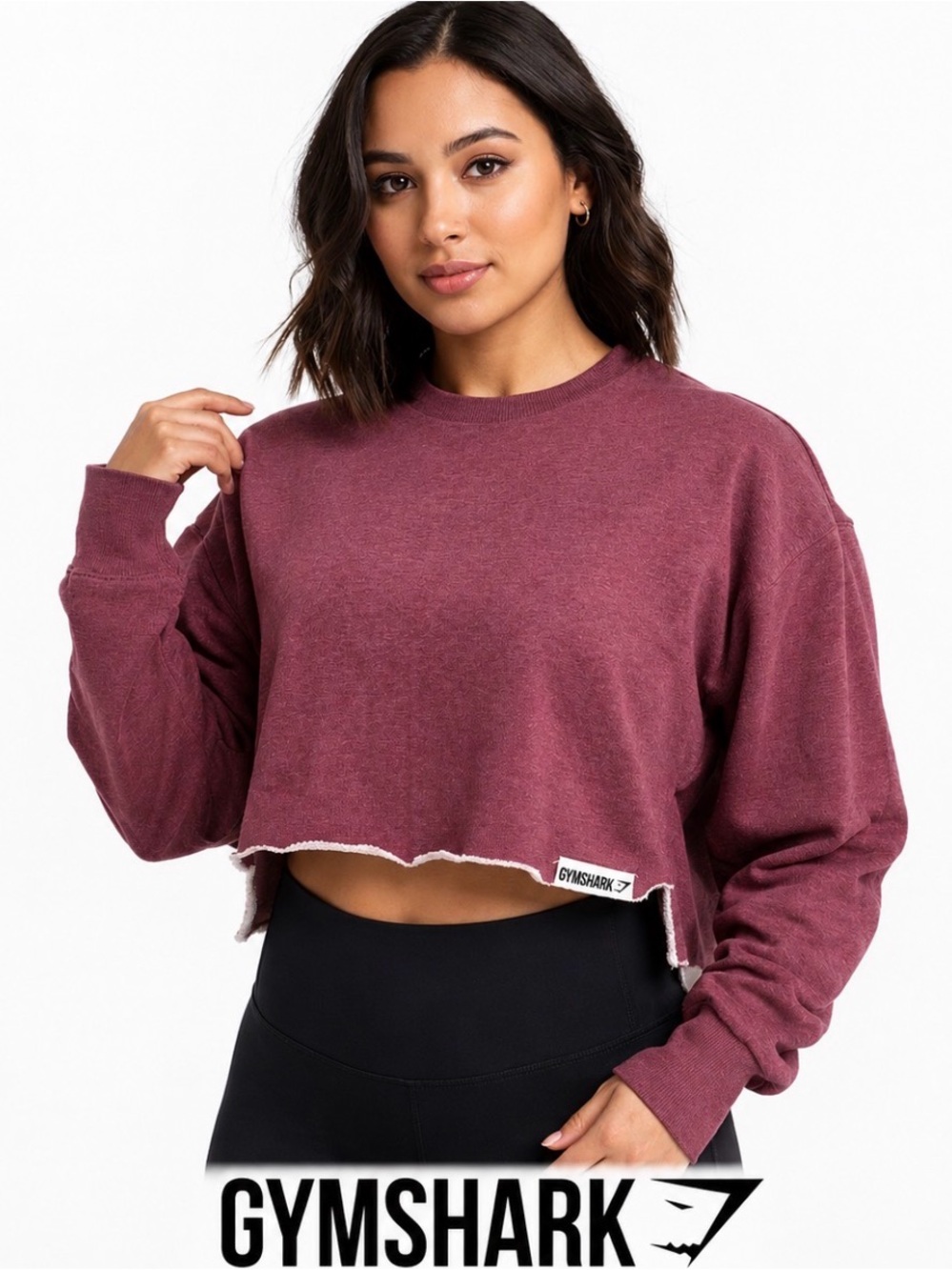 Gymshark XS Cropped Hi Lo Sweatshirt Maroon Pink Raw Hem Gym Workout Lounge
